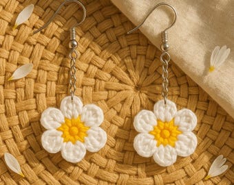Crochet Daisy Earrings | Handmade White and Yellow Flower Earrings – Boho Summer Festival Jewelry Gift