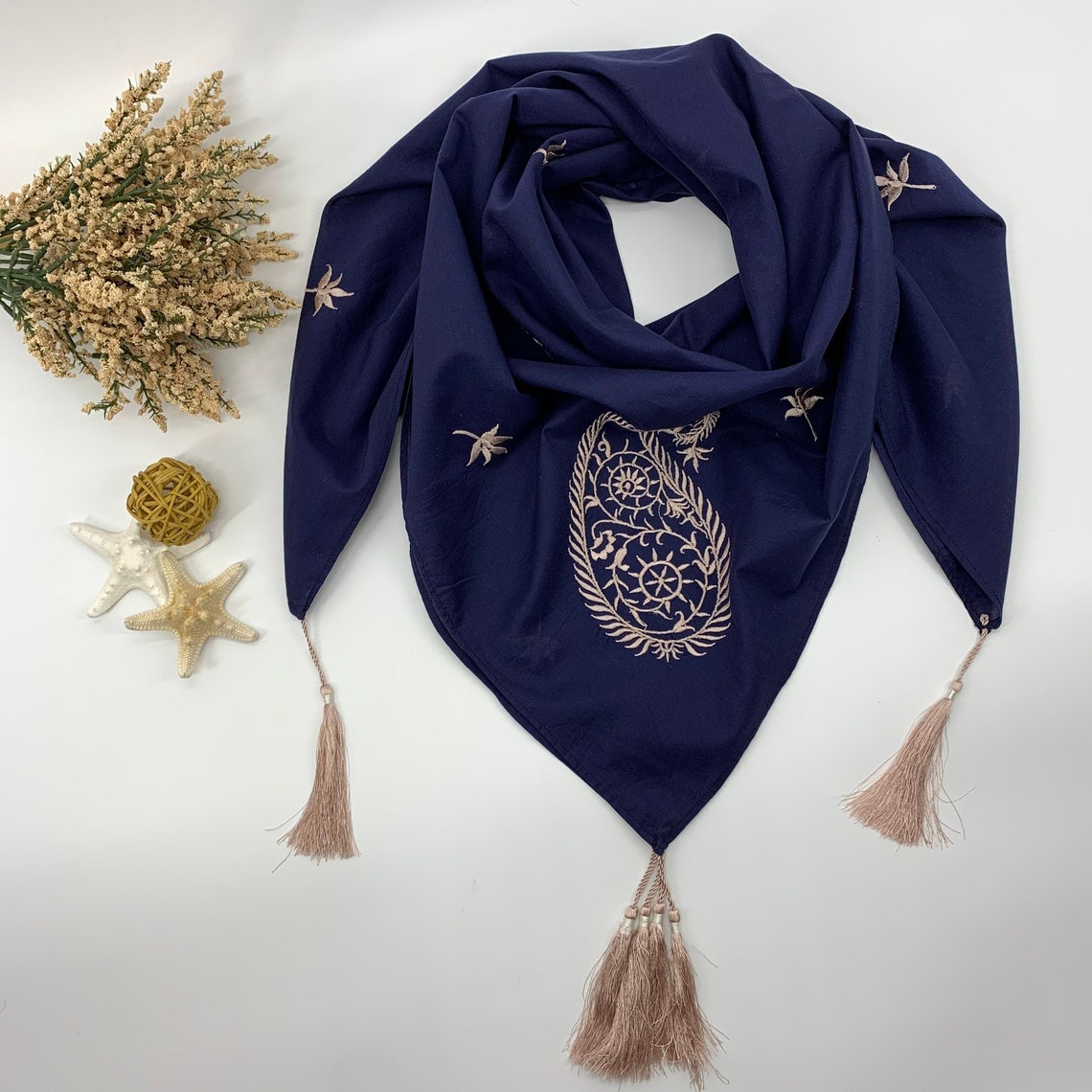 Cotton Square Scarf Embroidered Scarves With Tassels Head Etsy