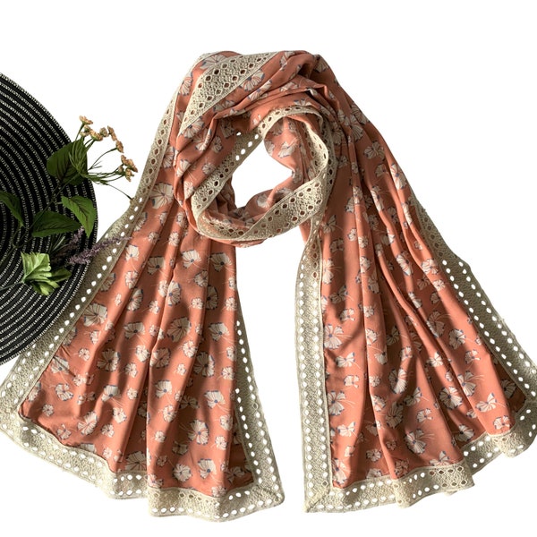 Long and Wide Printed Scarf with Wide Lace; Peach, Head or Neck Scarf, Hijab, Gift, Perfect Beach Scarf, Cotton Scarves