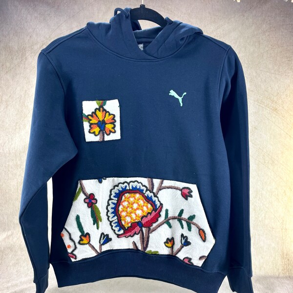 New Hoodies enhanced with Handmade Embroidered Patches, Upcycled Sweat Shirt, Navy S-M