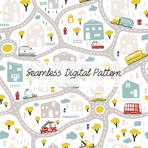 Digital Download - Roads & Cars Pattern, Cute Town , Nursery Seamless Pattern