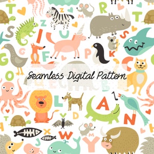 Descarga digital - patrón del alfabeto animal, alfabeto de los niños, animales lindos patrón sin costura