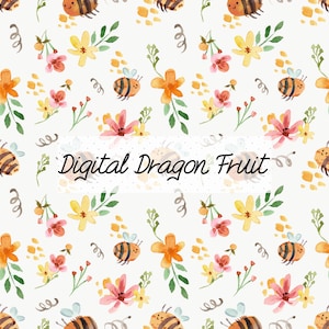 Digital Download - Bumble Bee Pattern, Bees, Flowers, Honey Bee & Floral Seamless Pattern