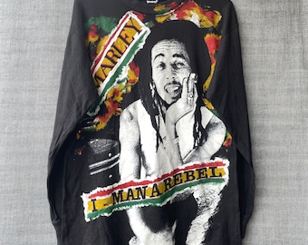 Vintage Bob Marley i man a Rebel Big Prints Handprinted Longsleeve man T-Shirt