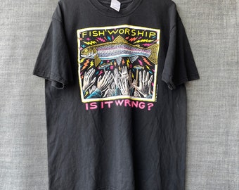 Vintage 1999 FISH WORSHIP By Ray Troll Artist Graphic black Fade T-Shirt