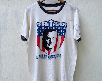 Vintage 70s Ringer T-Shirt, Political Graphic Tee, Single Stitch, Size M