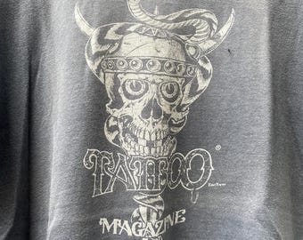 Vintage 80s Tattoo Magazine T-shirt, Faded Black Skull Graphic