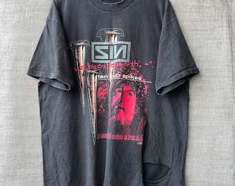 Vintage 90s SIN Jesus Nine Inch Nails Parody Ten Inch Spikes Religious Distressed / Ripped Black Fade T-Shirt