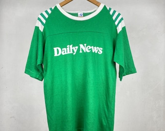 Vintage 80s Daily News T-Shirt, Green Athletic Tee, Artex Single Stitch, Medium