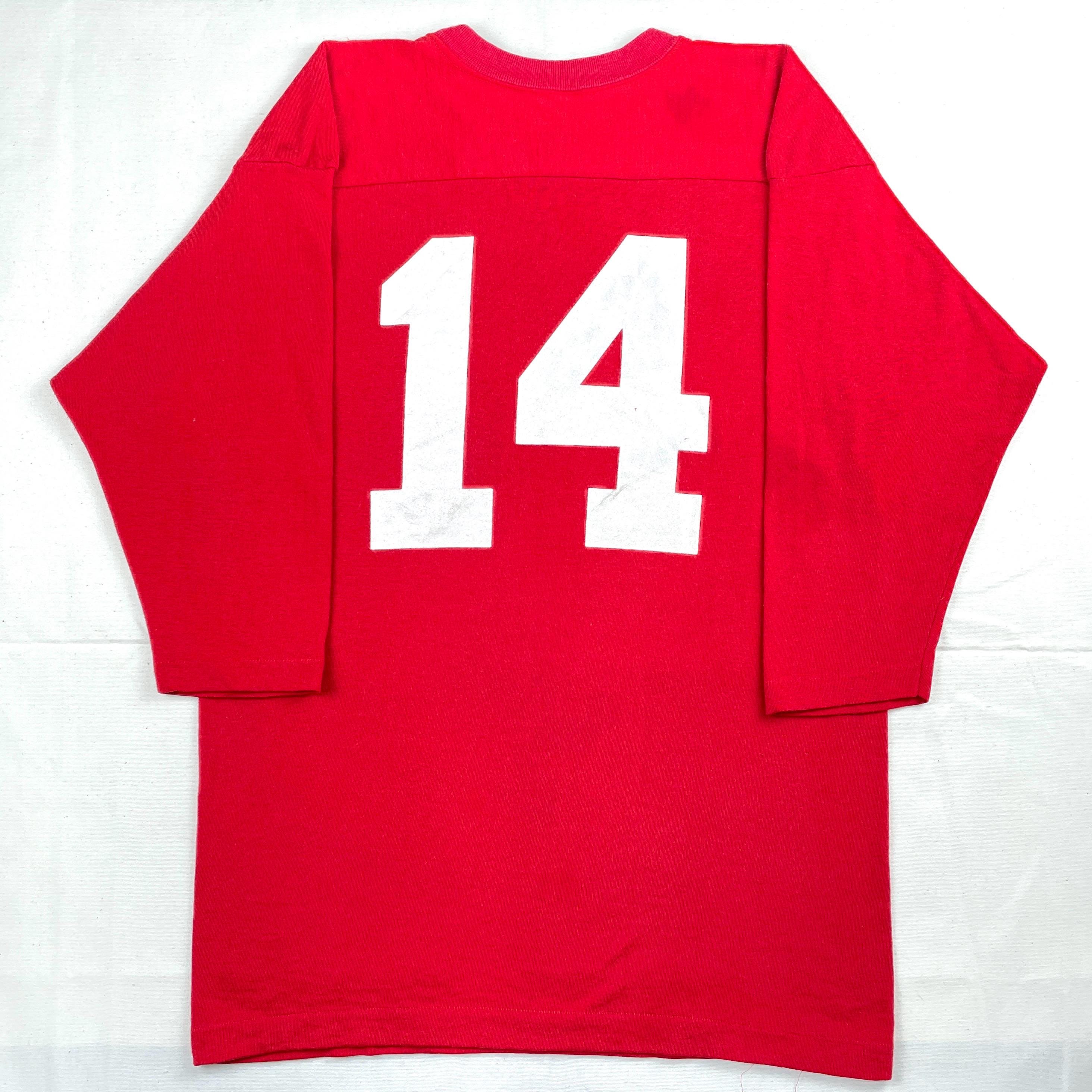 [バータグ]70s Champion football Tshirt Vintage 70s Champion Football Jersey T-shirt. Red Cotton