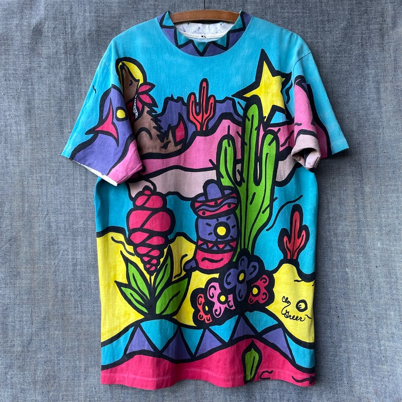 Vintage 90s Hand Painting Artwork Faded T-Shirt image 1