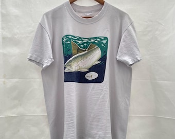 Vintage 80er Jahre Regenbogen Forellen Angeln T-Shirt, Fisch Grafik Tee, Large