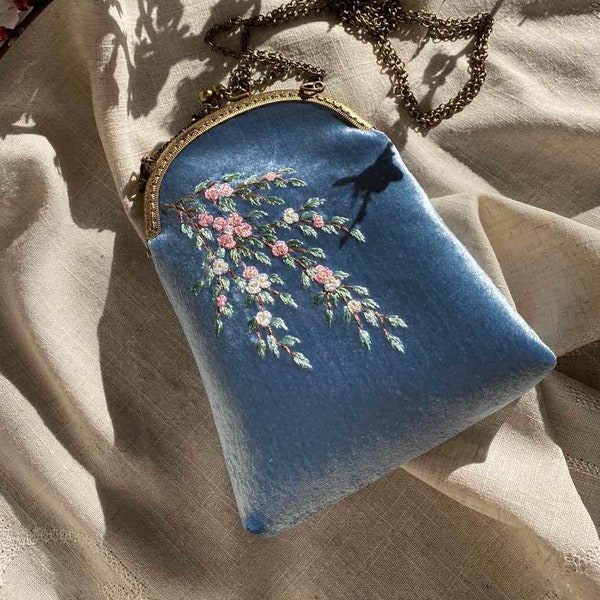 Blue Velvet Bag with Embroidered Flowers and Metal Chain, top handle bag, vintage evening bag, boho style bag