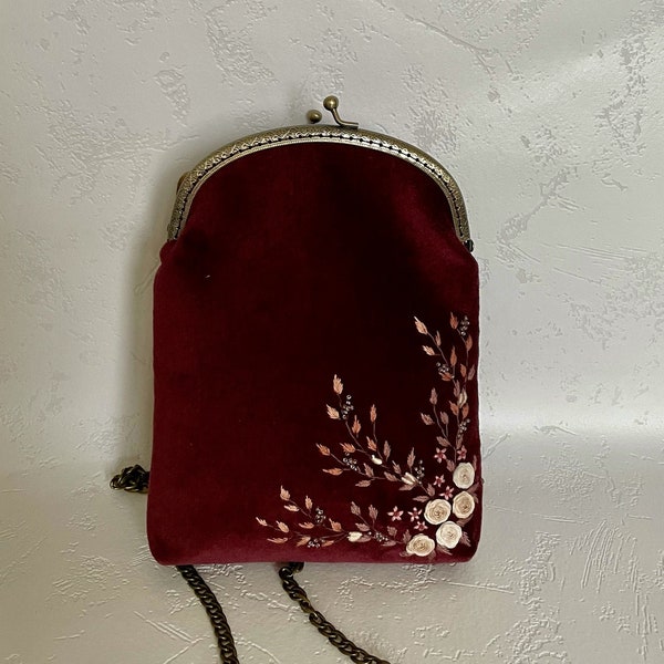 Embroidered crossbody burgundy Velvet bag, Velvet Evening Clutch, Vintage Bag Purse, Christmas gift, Bridesmaid Gift, Birthday Gift for her