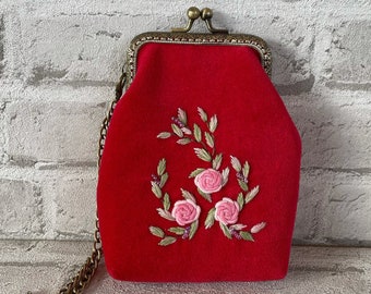 Red velvet bag, velvet designer bag, 1920's style, bohemian bag, embroidery bag, Velvet Evening Clutch, Vintage Bag Purse, Christmas gift