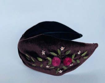 Burgundy embroidered Velvet Headband, Top knot velvet Headband, 40th birthday gifts