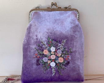 Purple Silk Velvet Bag, Embroidered Flowers and Metal Chain, vintage evening bag, romantic gifts for her, 100% handmade