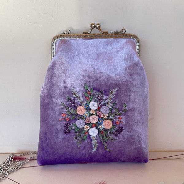 Purple Silk Velvet Bag, Embroidered Flowers and Metal Chain, vintage evening bag, romantic gifts for her, 100% handmade