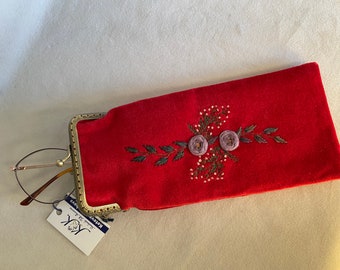 Fabric Eyeglass case sunglasses case with embroidered flowers soft glasses case reading glasses case, glasses case red velvet pouch