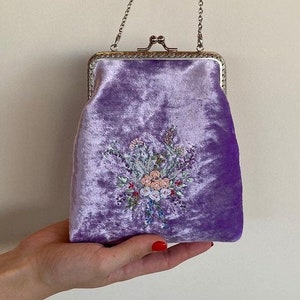 Purple Silk Velvet Bag, Embroidered Flowers and Metal Chain, vintage evening bag, romantic gifts for her, 100% handmade image 2