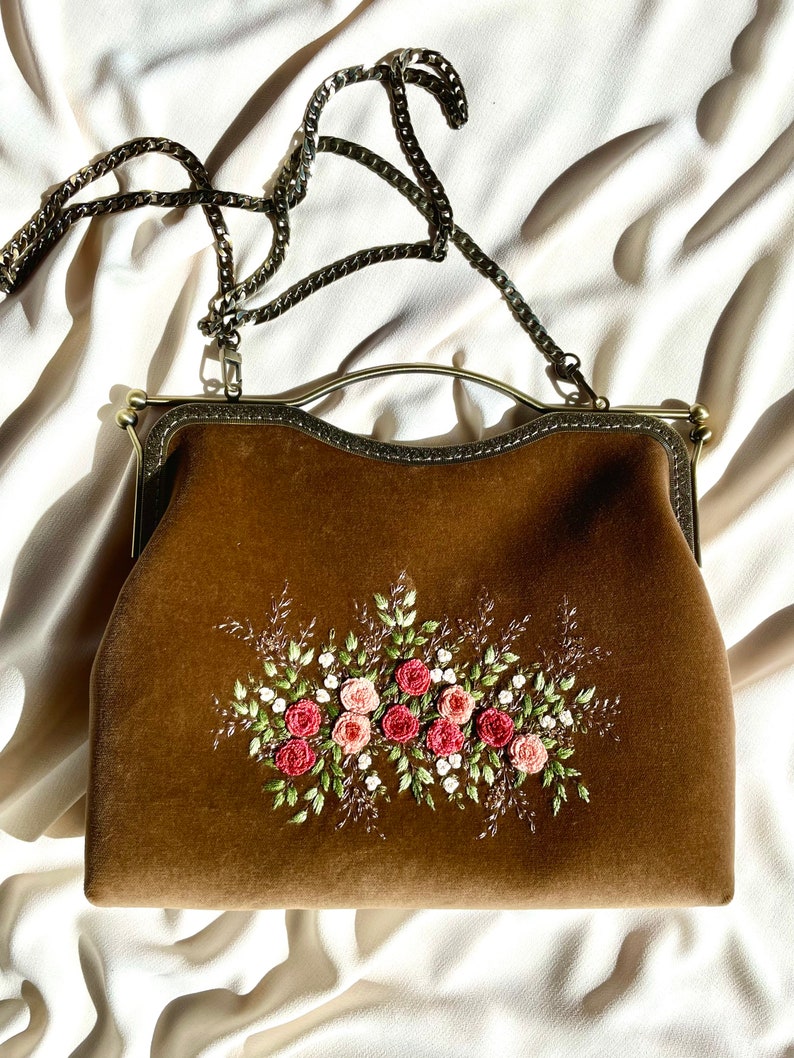 Beige velvet vintage style bag, bag with pink Roses , hand embroidered Clutch , 100% handmade, gift for her image 1