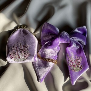 Unique hair bow and purse,Velvet hair bow, unique hair items Embroidered purse hair accessories, flower embroidery image 6
