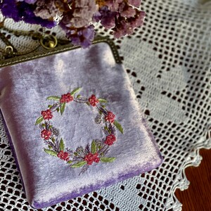 Lilac bag, floral embroidered bag, velvet handbag, Kisslock Bag, Vintage Style Clutch, Evening Bag, vintage bag purse, made in our studio image 4