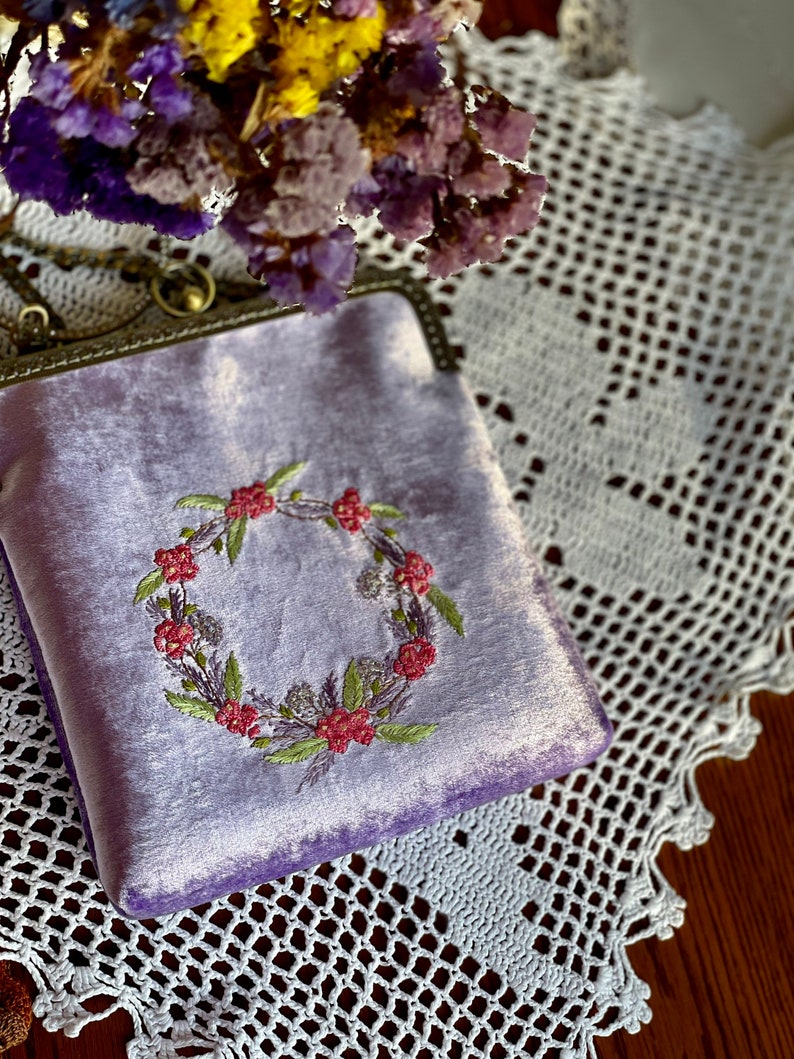 Lilac bag, floral embroidered bag, velvet handbag, Kisslock Bag, Vintage Style Clutch, Evening Bag, vintage bag purse, made in our studio image 4