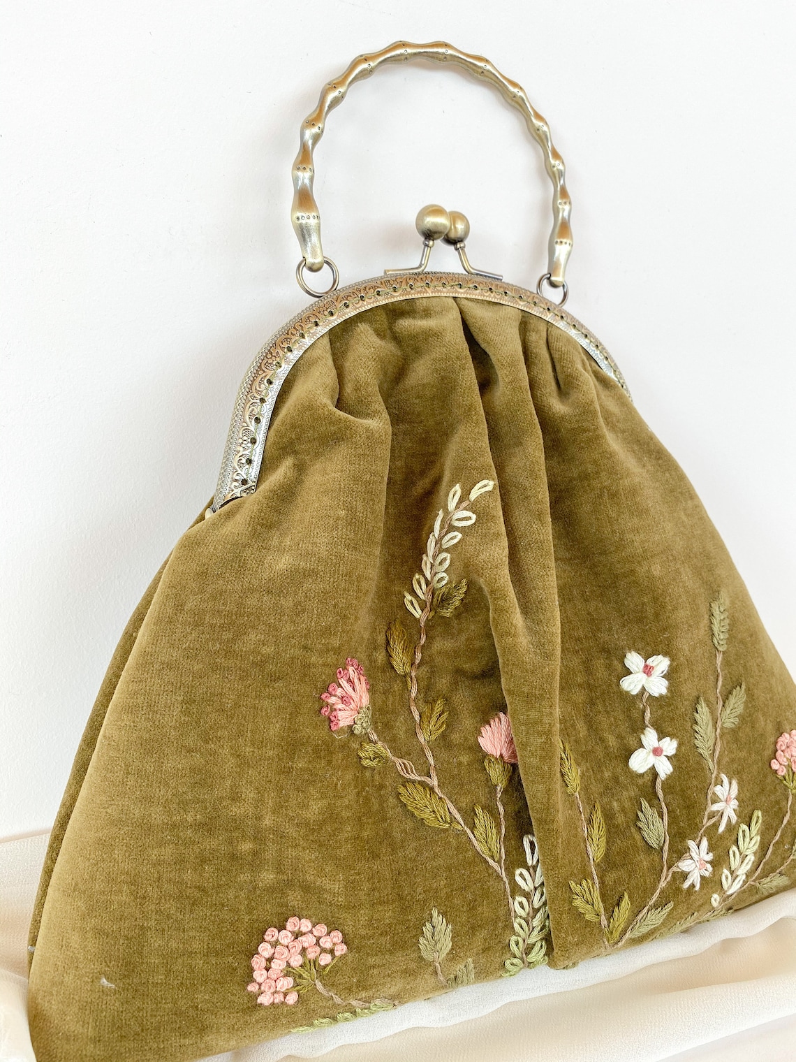 Green Velvet Bag With Embroidered Flowers and Metal Chain Top Etsy