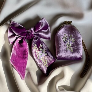 Unique hair bow and purse,Velvet hair bow, unique hair items Embroidered purse hair accessories, flower embroidery image 7