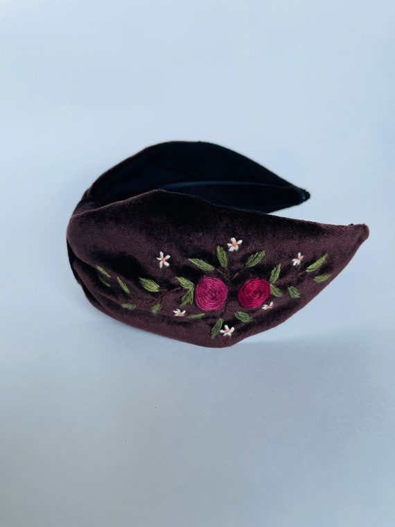 Burgundy Embroidered Velvet Headband, Top Knot Velvet 