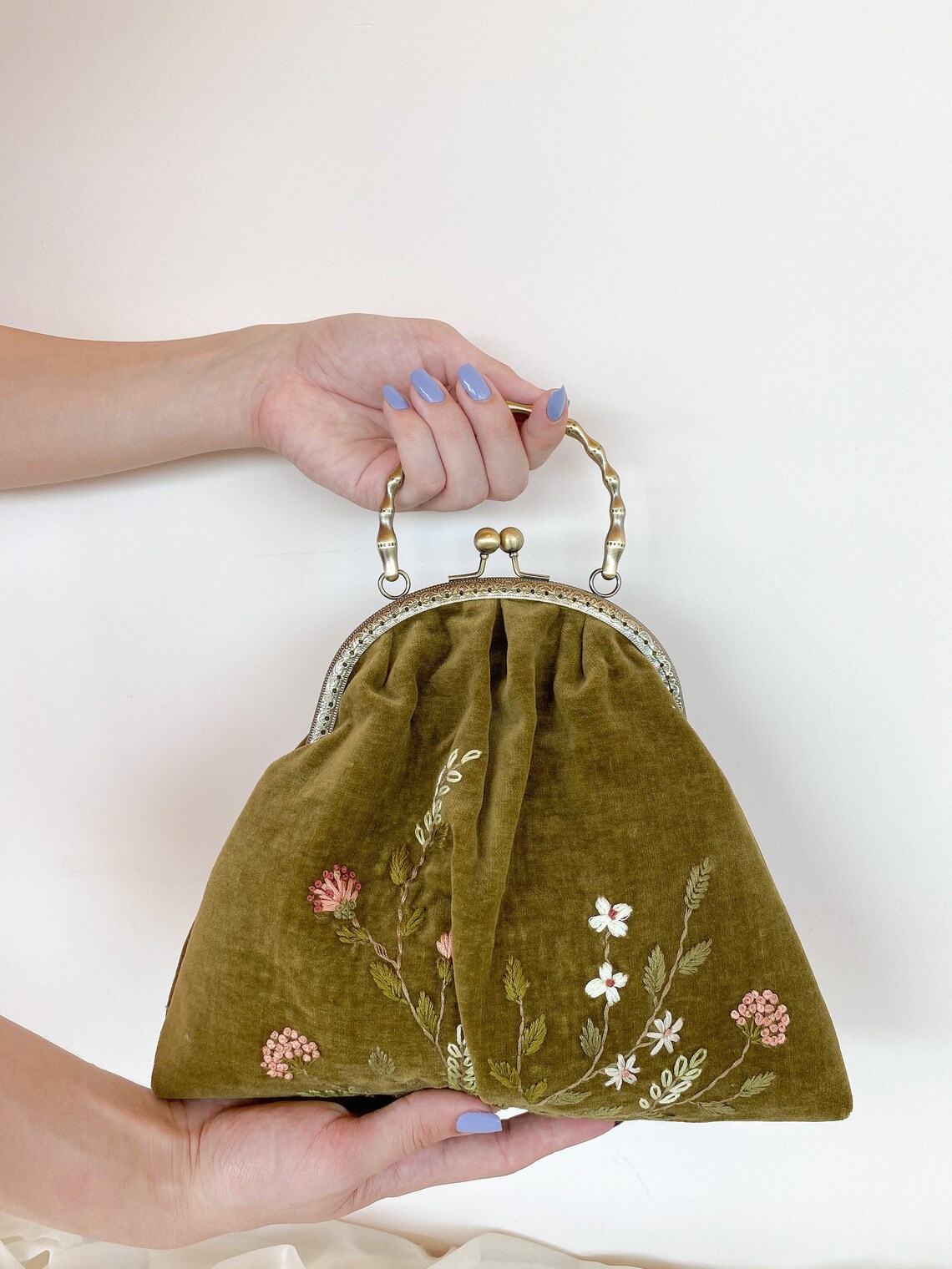 Green Velvet Bag With Embroidered Flowers and Metal Chain Top Etsy