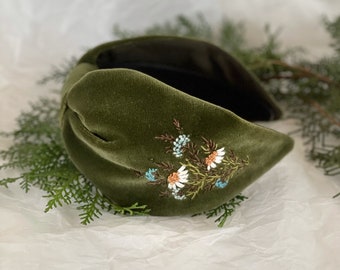 Green Velvet Headband, embroidered Top knot Headband, 40th Birthday Gifts for Women