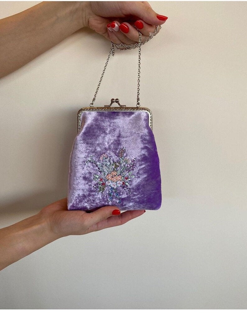 Purple Silk Velvet Bag, Embroidered Flowers and Metal Chain, vintage evening bag, romantic gifts for her, 100% handmade image 2