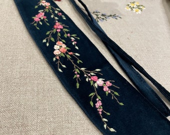 Blue Hand-embroidered Velvet Belt, Sakura flower embroidery, belt with Sakura , embroidered velvet belt