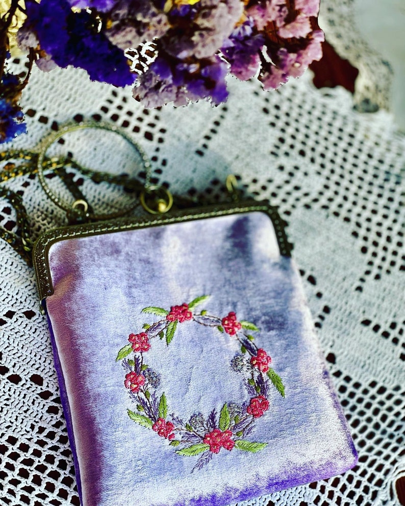 Lilac bag, floral embroidered bag, velvet handbag, Kisslock Bag, Vintage Style Clutch, Evening Bag, vintage bag purse, made in our studio image 6