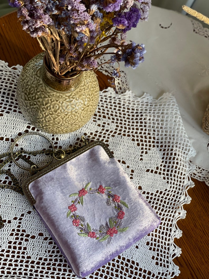 Lilac bag, floral embroidered bag, velvet handbag, Kisslock Bag, Vintage Style Clutch, Evening Bag, vintage bag purse, made in our studio image 5