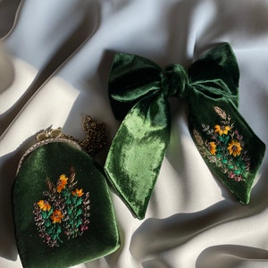 Unique hair bow and purse,Velvet hair bow, unique hair items Embroidered purse hair accessories, flower embroidery image 1