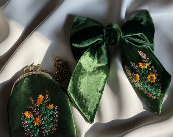 Unique hair bow and purse,Velvet hair bow, unique hair items Embroidered purse hair accessories, flower embroidery