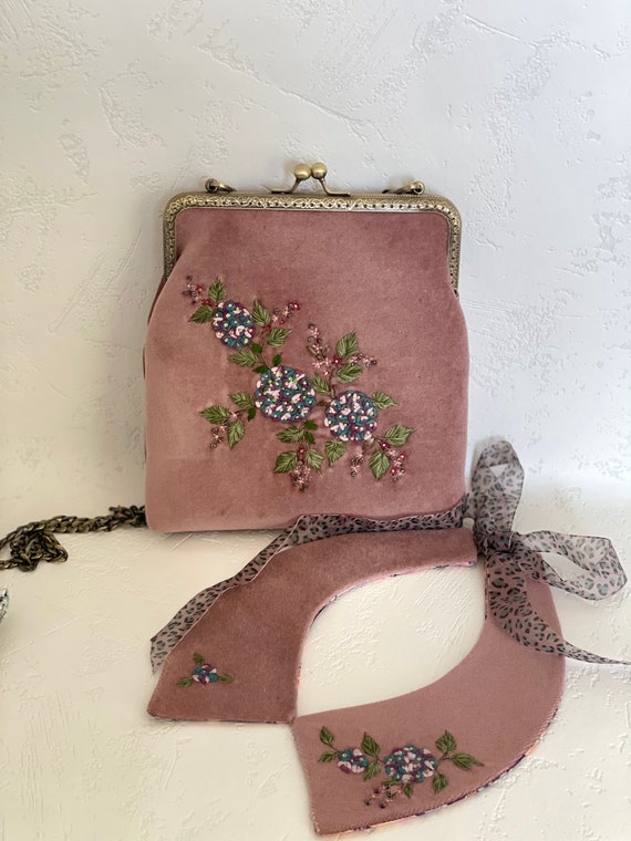 Pink Velvet Vintage Bag, Bag With Lock, Embroidered Vintage