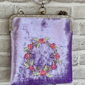 Lilac bag, floral embroidered bag, velvet handbag, Kisslock Bag, Vintage Style Clutch, Evening Bag, vintage bag purse, made in our studio image 7
