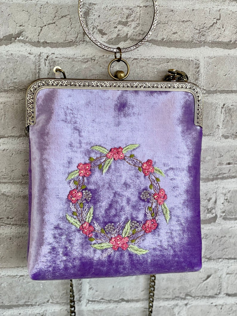 Lilac bag, floral embroidered bag, velvet handbag, Kisslock Bag, Vintage Style Clutch, Evening Bag, vintage bag purse, made in our studio image 7