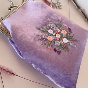 Purple Silk Velvet Bag, Embroidered Flowers and Metal Chain, vintage evening bag, romantic gifts for her, 100% handmade image 7