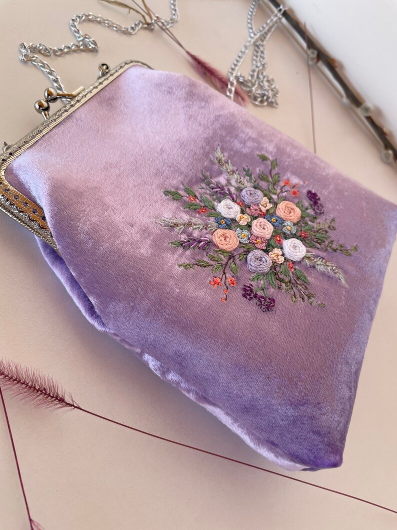 Purple Silk Velvet Bag, Embroidered Flowers and Metal Chain, vintage evening bag, romantic gifts for her, 100% handmade image 7