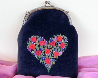 Blue Velvet Bag with Colorful Flowers and Metal Chain, Velvet Evening Clutch, Vintage Bag Purse, Vintage Style Clutch, Evening Bag