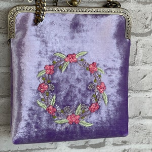 Lilac bag, floral embroidered bag, velvet handbag, Kisslock Bag, Vintage Style Clutch, Evening Bag, vintage bag purse, made in our studio image 9