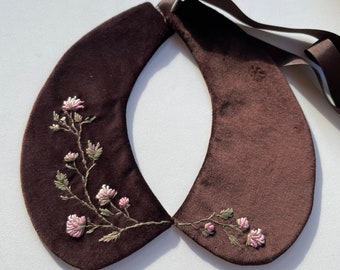 Detachable women's  Collar, Hand embroidered brown collar, peter pan collar, necklace collar, neck accessory, 100% handmade