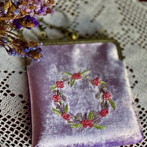 Lilac bag, floral embroidered bag, velvet handbag, Kisslock Bag, Vintage Style Clutch, Evening Bag, vintage bag purse, made in our studio image 1
