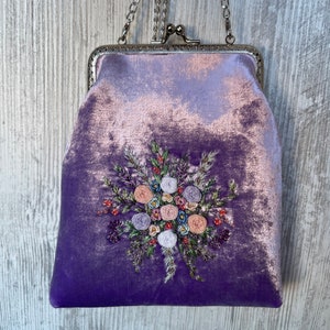 Purple Silk Velvet Bag, Embroidered Flowers and Metal Chain, vintage evening bag, romantic gifts for her, 100% handmade image 9