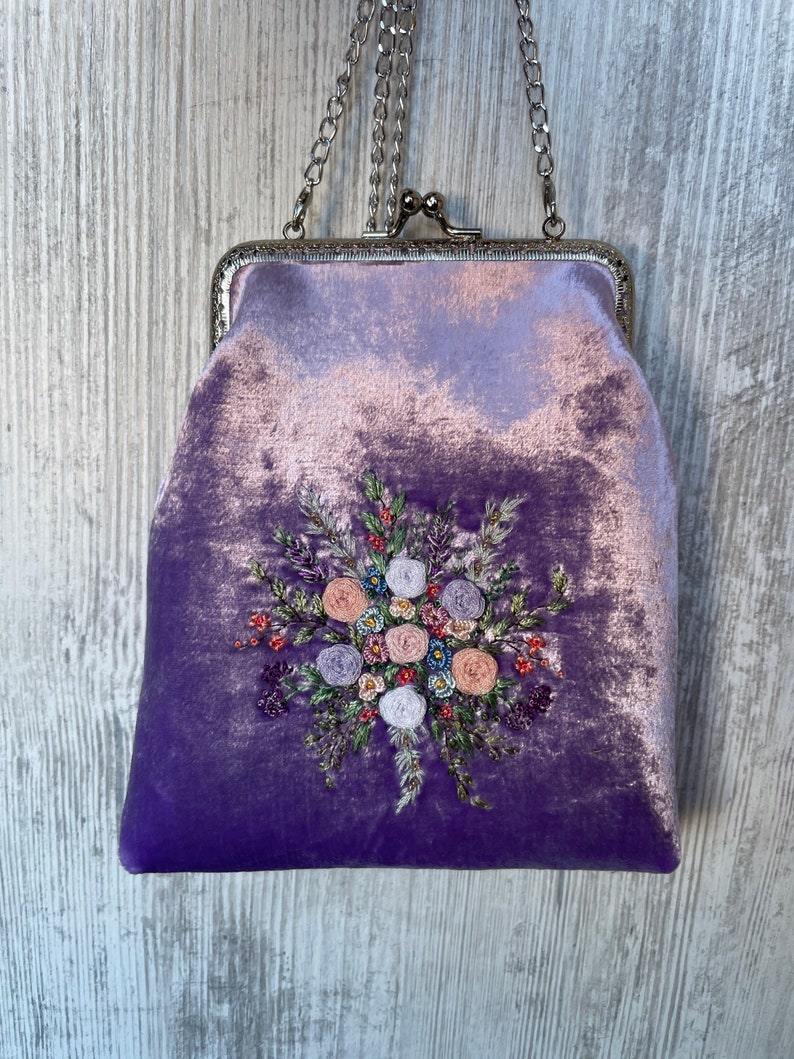 Purple Silk Velvet Bag, Embroidered Flowers and Metal Chain, vintage evening bag, romantic gifts for her, 100% handmade image 9